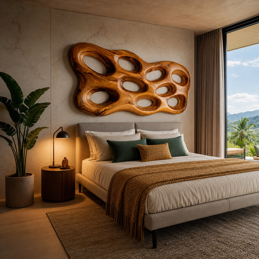 Organic Wooden Wall Art With Openwork Design For Modern Home
