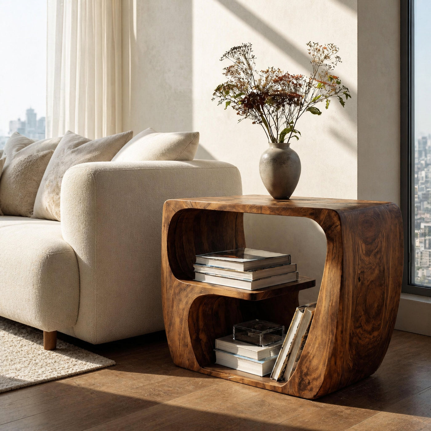 Quiet Luxury Solid Wood Side Table With Curved Design And Open Storage For Living Room