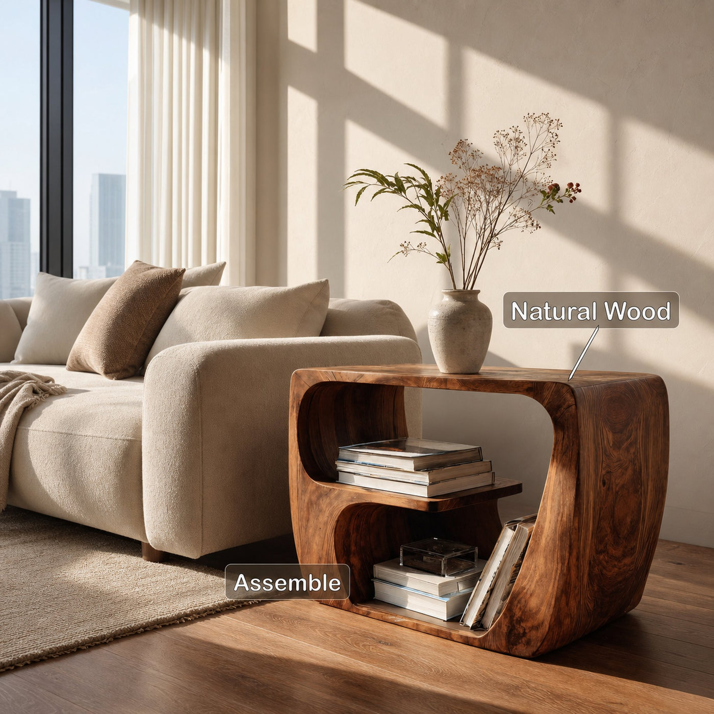 Quiet Luxury Solid Wood Side Table With Curved Design And Open Storage For Living Room - product view 6
