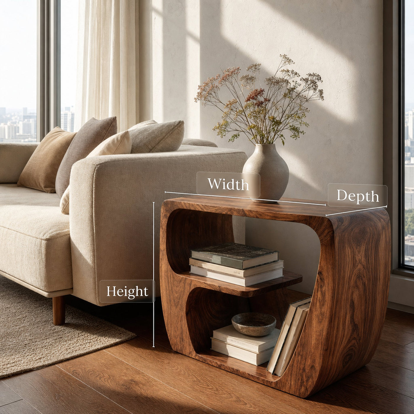 Quiet Luxury Solid Wood Side Table With Curved Design And Open Storage For Living Room - product view 7