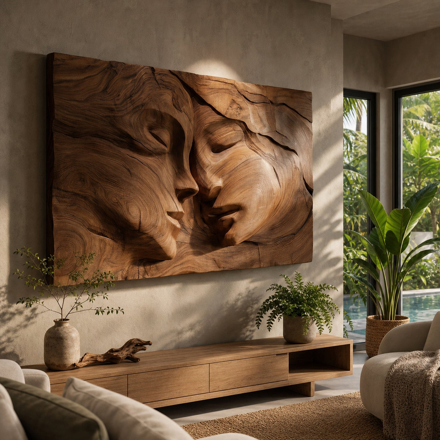 Romantic Couple Wood Wall Art Minimalist Bedroom Interior Statement Decor