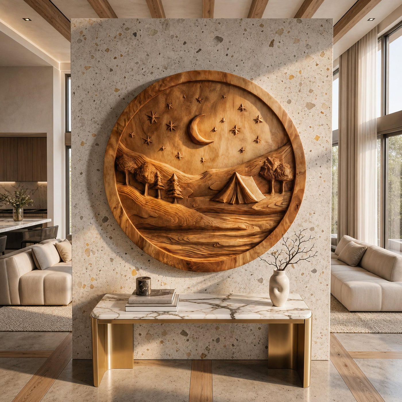 Round Camping Scene Wood Wall Art For Cozy Modern Home Decor