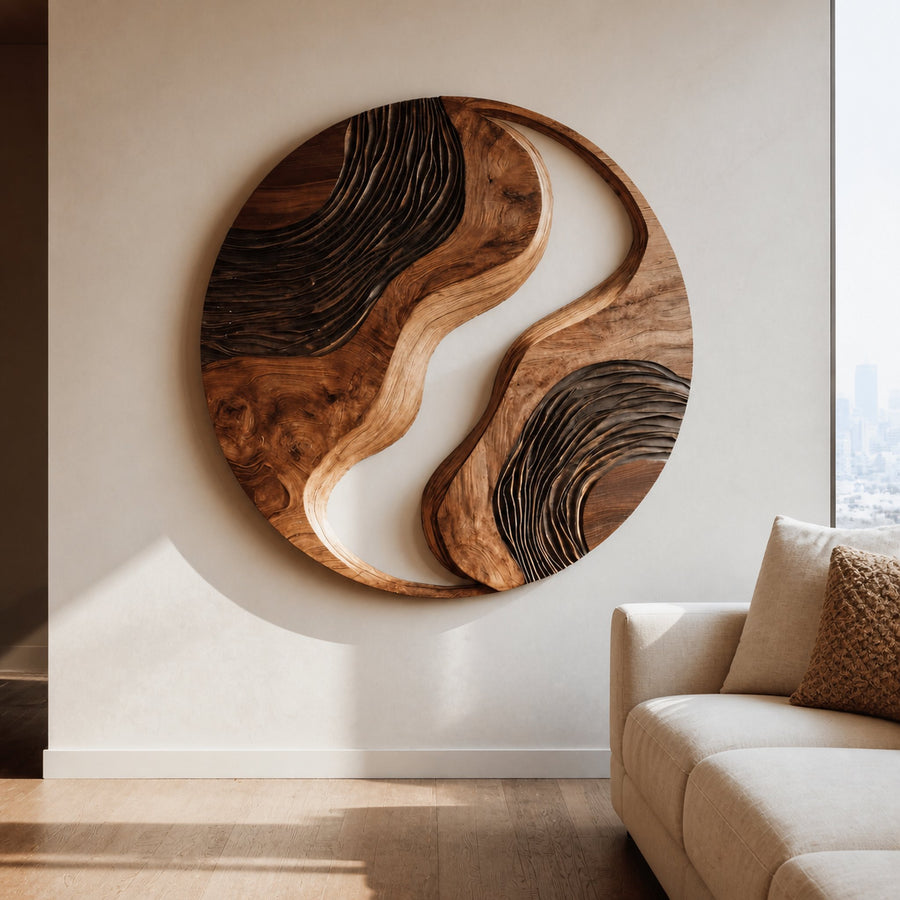 Round Sculptural Wall Art With Yin Yang Design For Living Room