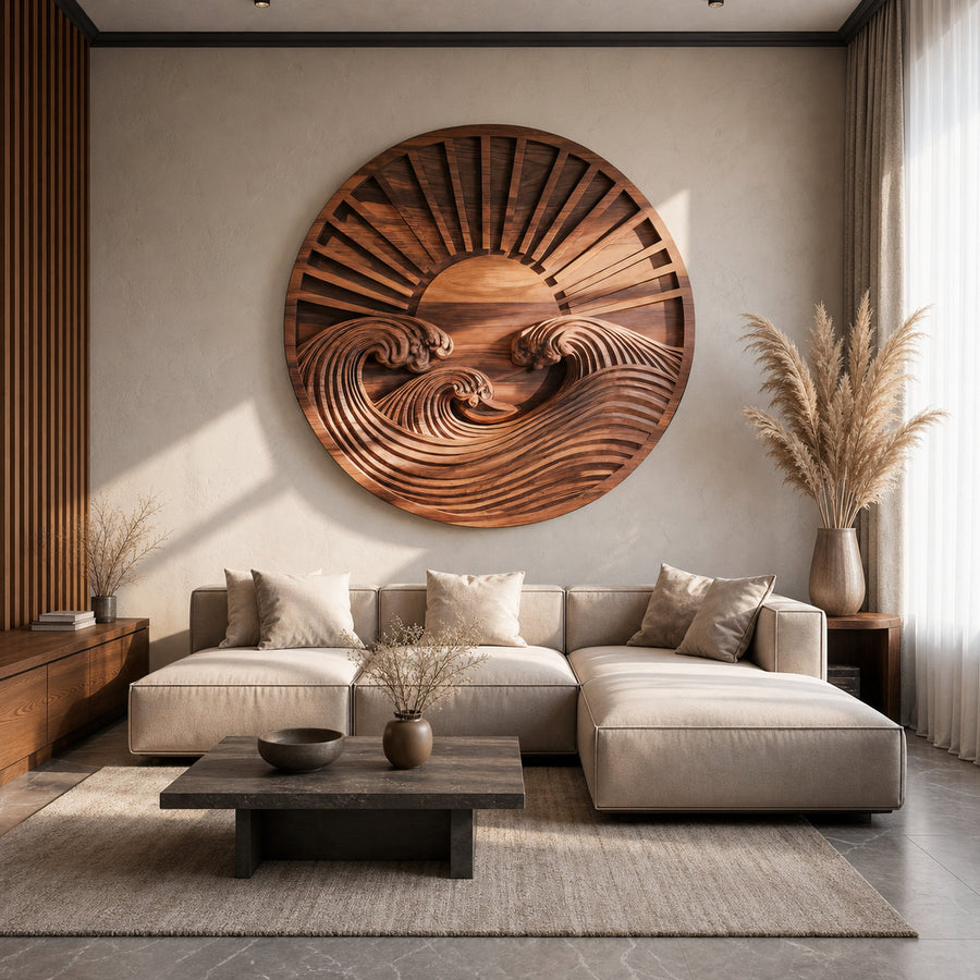 Round Wall Art With Carved Sun And Waves For Bedroom