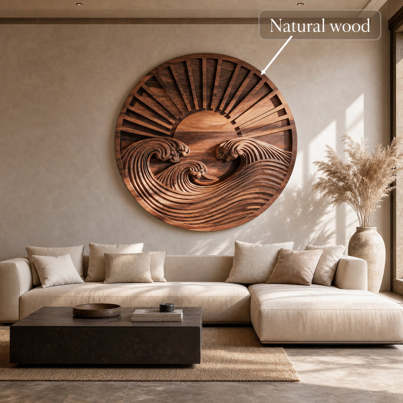Round Wall Art With Carved Sun And Waves For Bedroom - product view 6
