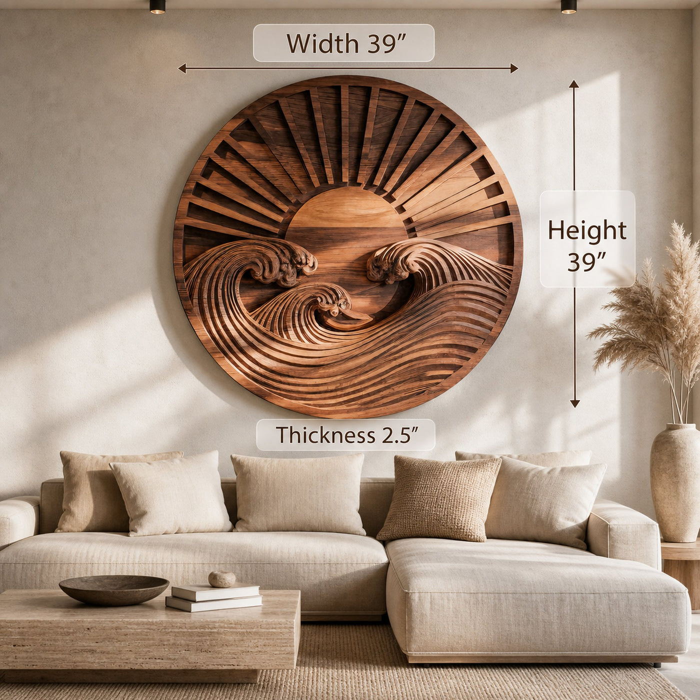 Round Wall Art With Carved Sun And Waves For Bedroom - product view 7