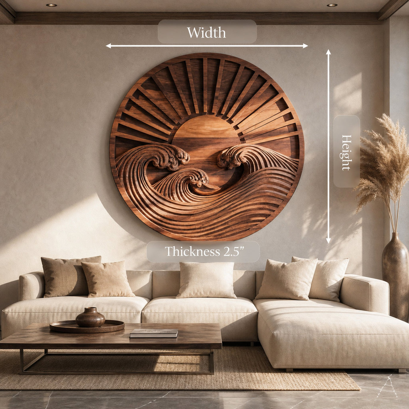 Round Wall Art With Carved Sun And Waves For Bedroom - product view 9