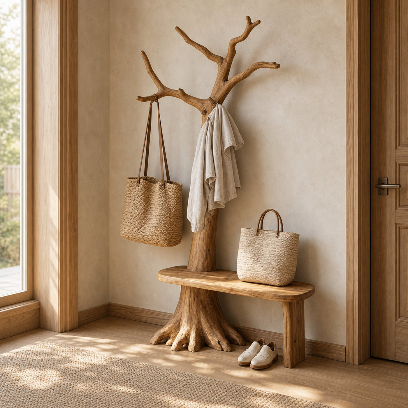 Rustic Artistic Wooden Tree Coat Stand Bench Solid Wood Entryway Interior Signature Furniture
