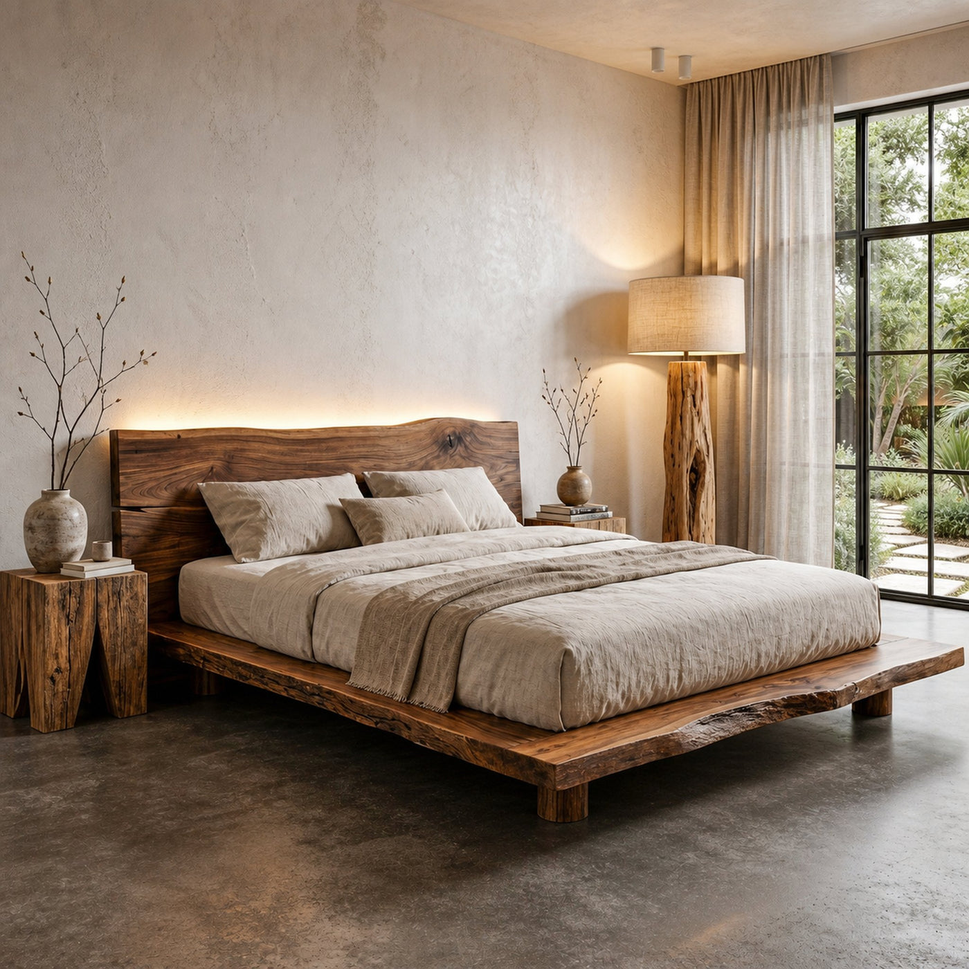 Rustic Bed Frame With Live Edge Headboard For Bedroom
