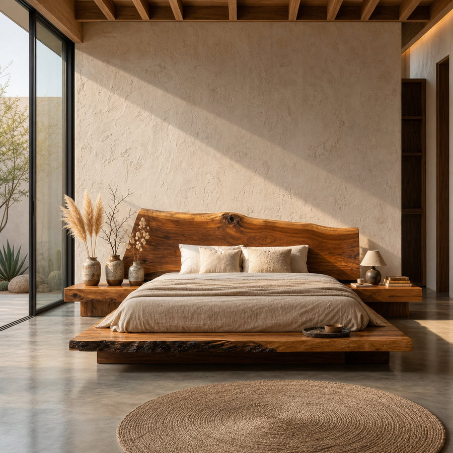 Rustic Bed Frame With Natural Wood Headboard For Bedroom