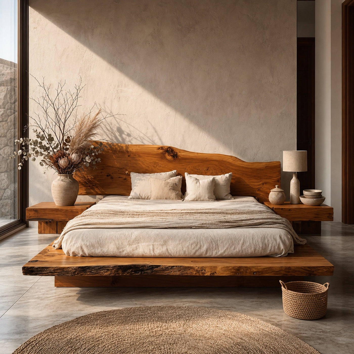 Rustic Bed Frame With Natural Wood Headboard For Bedroom - product view 6