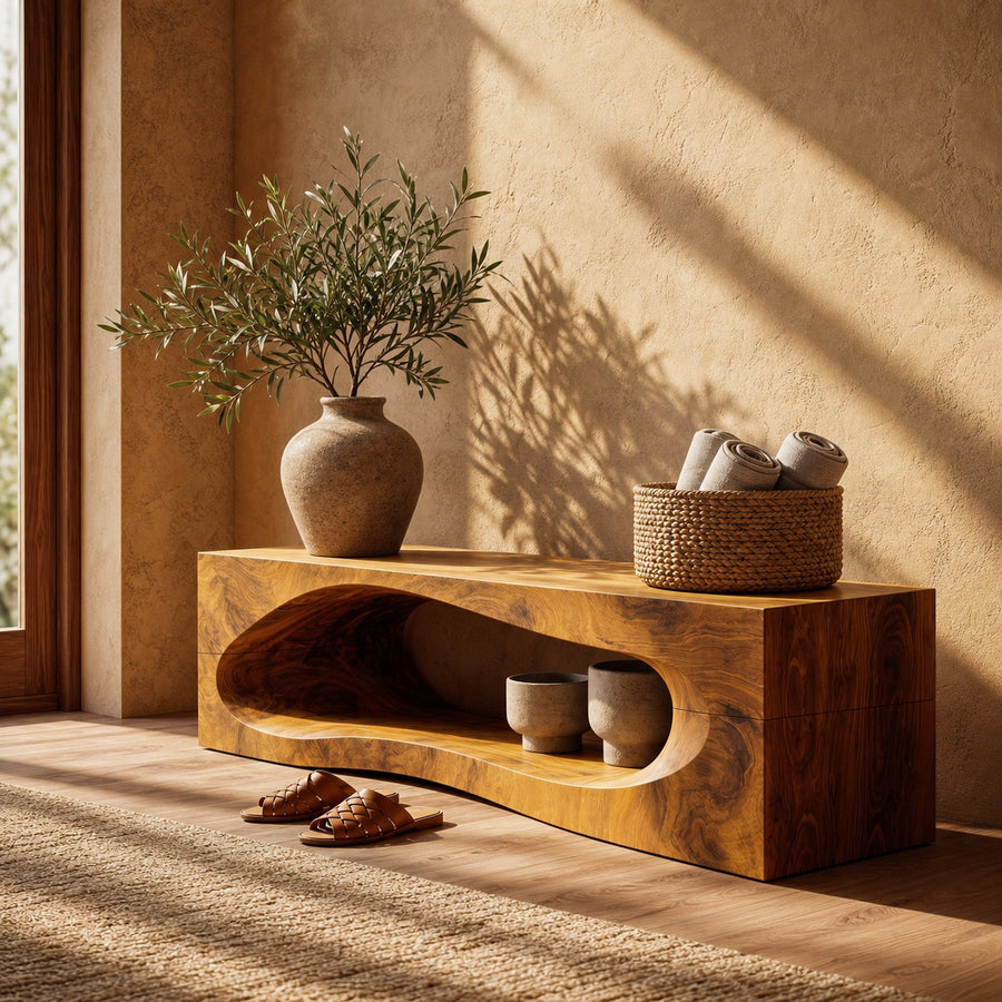 Rustic Bench With Built In Storage Shelf For Entryway