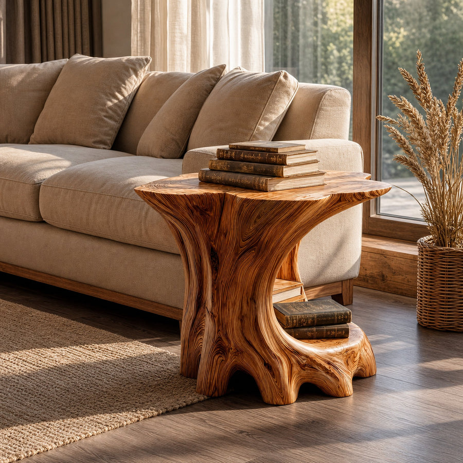 Rustic Beside Table With Solid Wood Base And Open Storage For Living Room