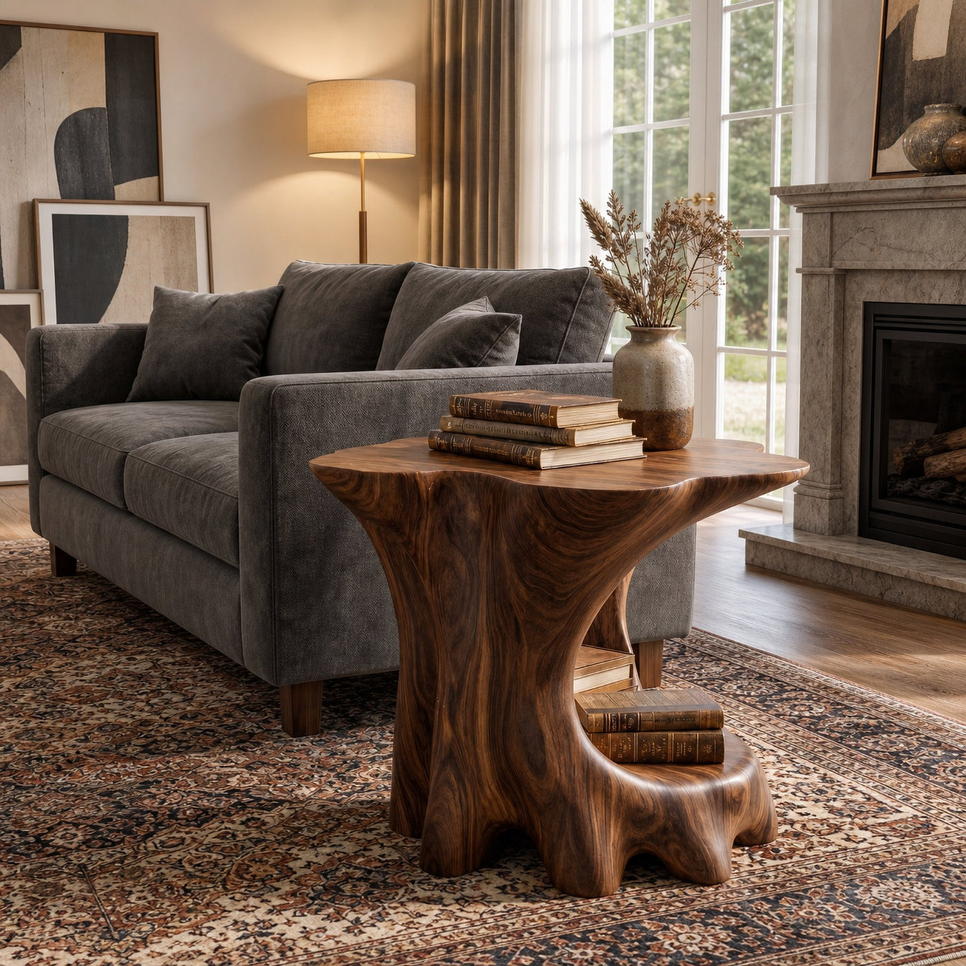 Rustic Beside Table With Solid Wood Base And Open Storage For Living Room - product view 7
