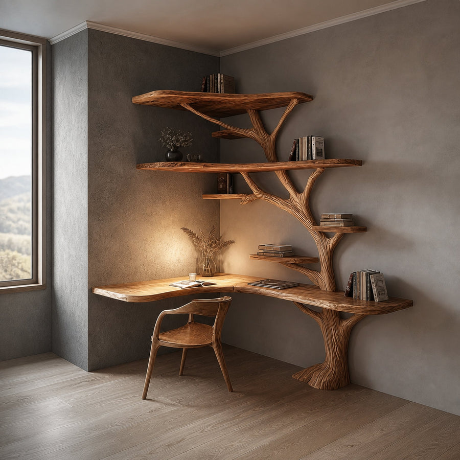 Rustic Branch Bookshelf Desk Living Room Or Home Workspace