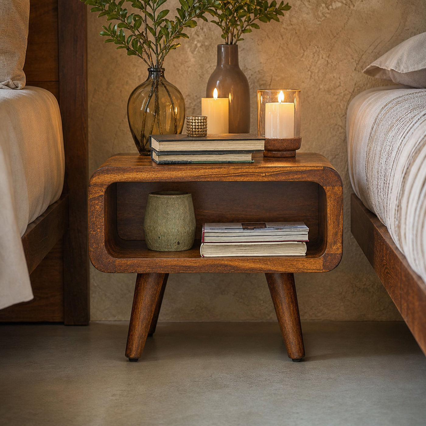 Rustic Farmhouse Wooden Nightstand With Storage Shelf