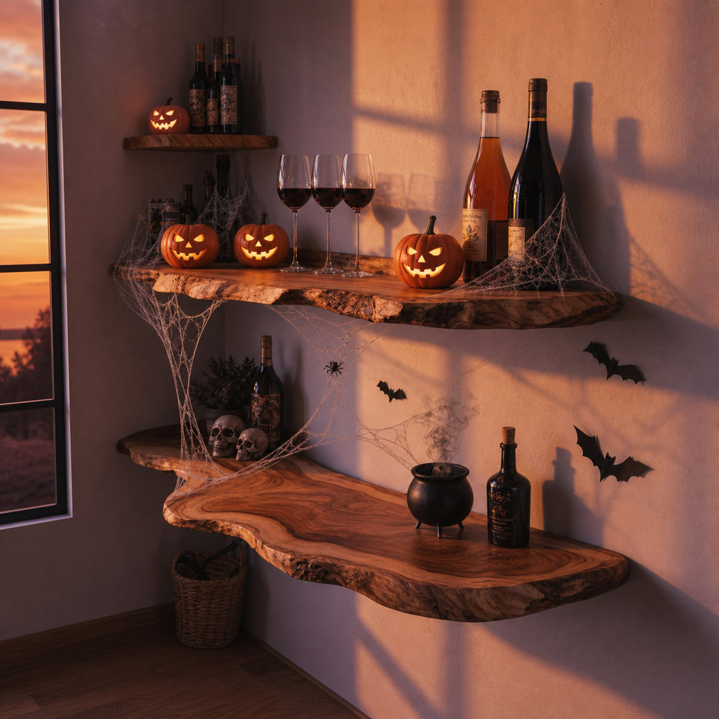 Rustic Floating Wooden Shelves Halloween Decoration Living Room