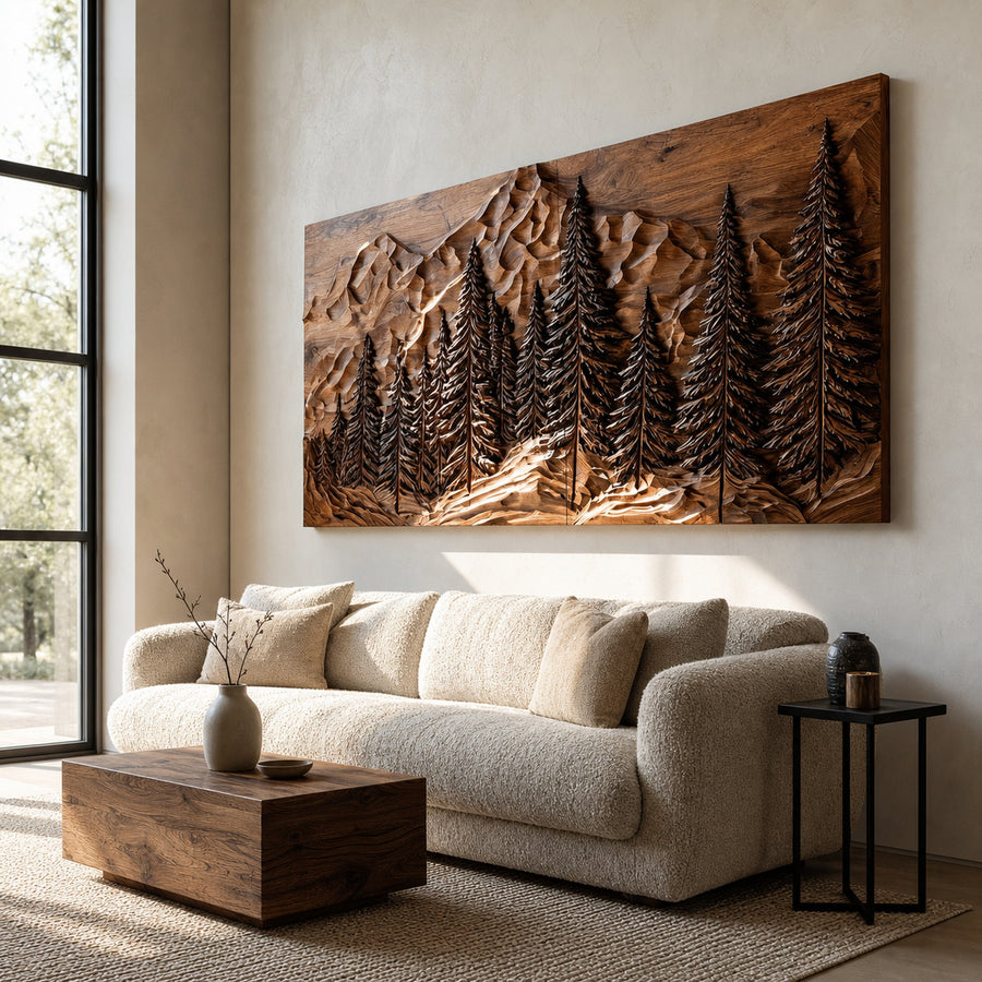 Rustic Forest Mountain Wood Wall Art For Living Room Decor