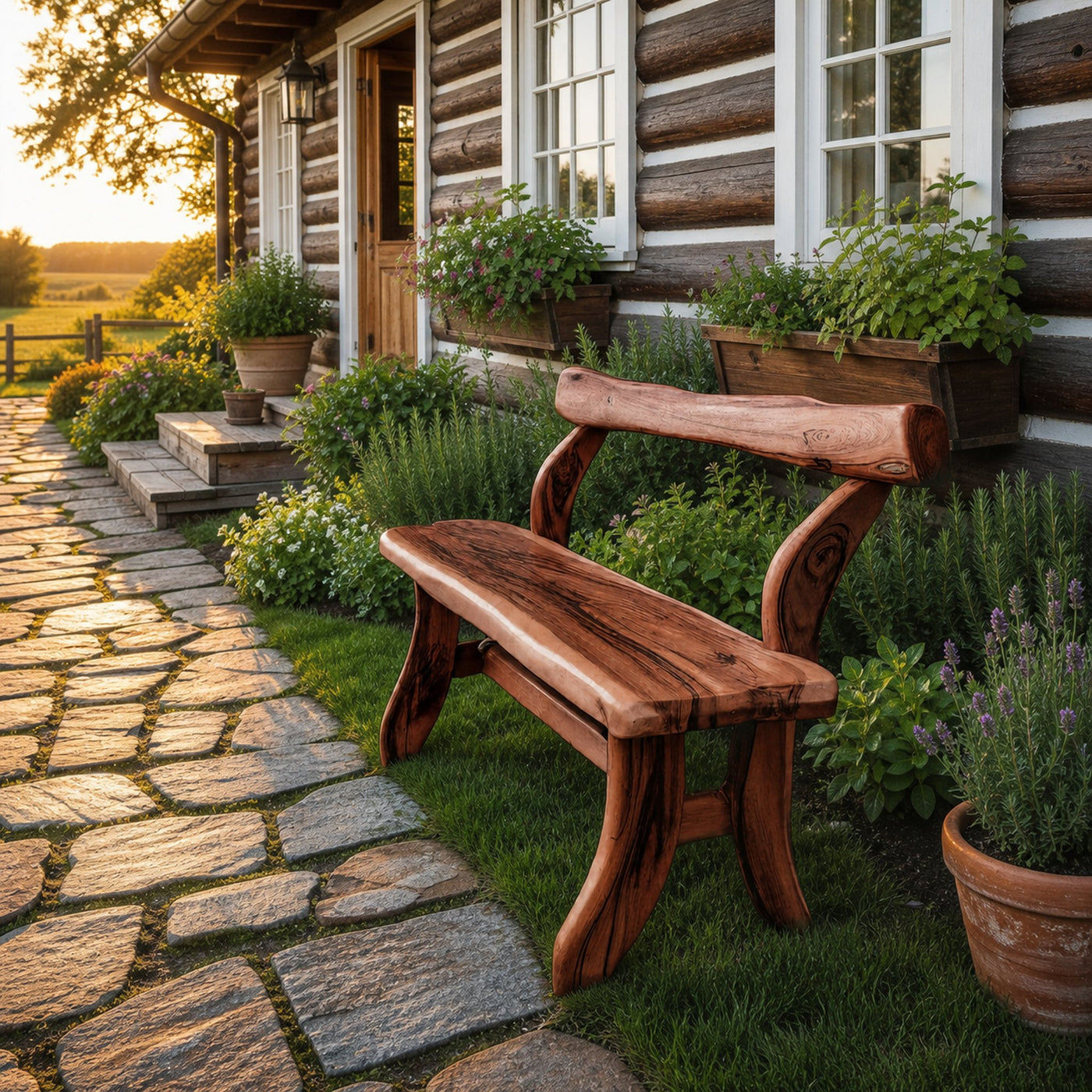 Rustic Garden Bench With Curved Seat For Patio Pathway And Front Porch - product view 7