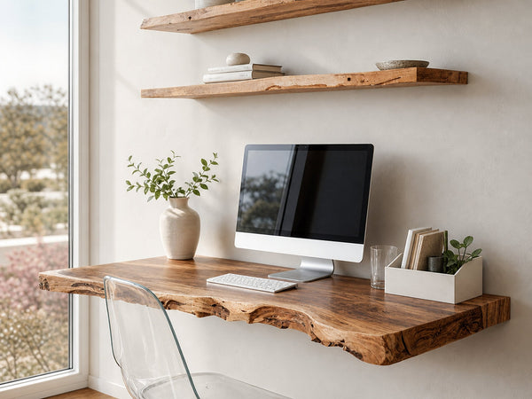 Rustic Interior Design Live Edge Floating Desk And Wall-Mounted Workstation For Home Office