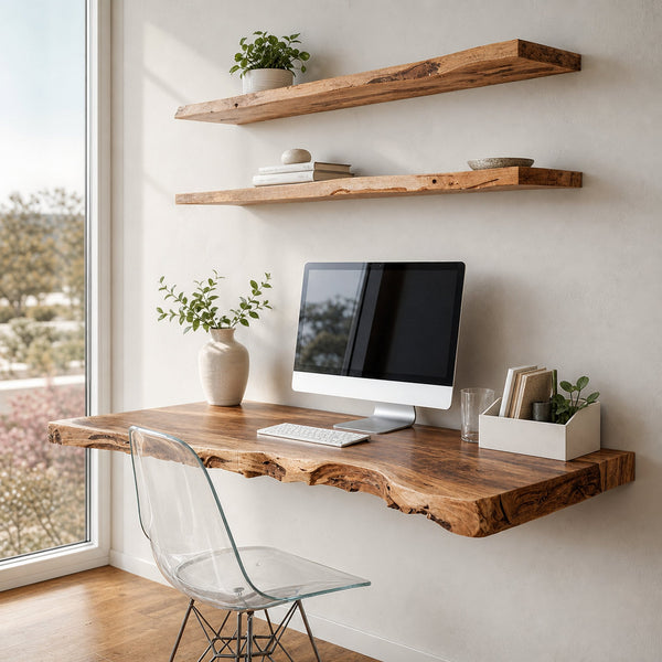 Rustic Interior Design Live Edge Floating Desk And Wall-Mounted Workstation For Home Office