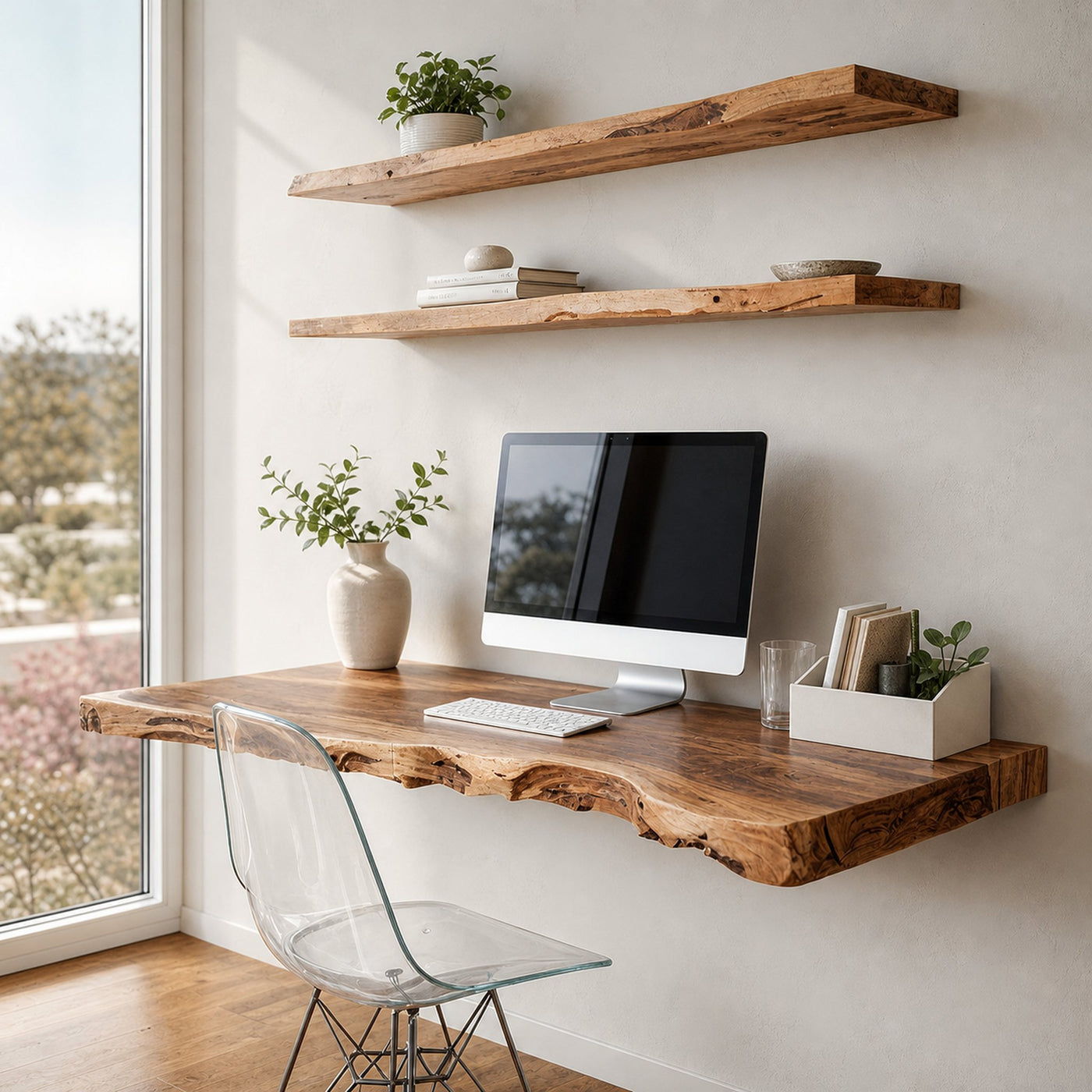 Rustic Interior Design Live Edge Floating Desk And Wall-Mounted Workstation For Home Office