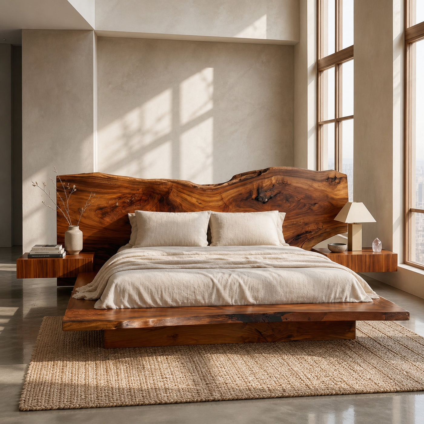 Rustic Live Edge Bed Frame With Sculptural Headboard For Bedroom