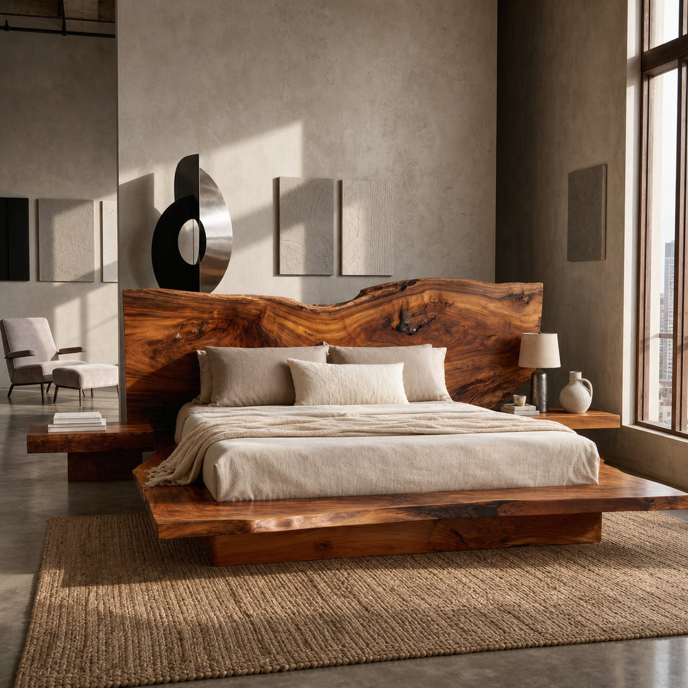 Rustic Live Edge Bed Frame With Sculptural Headboard For Bedroom - product view 6