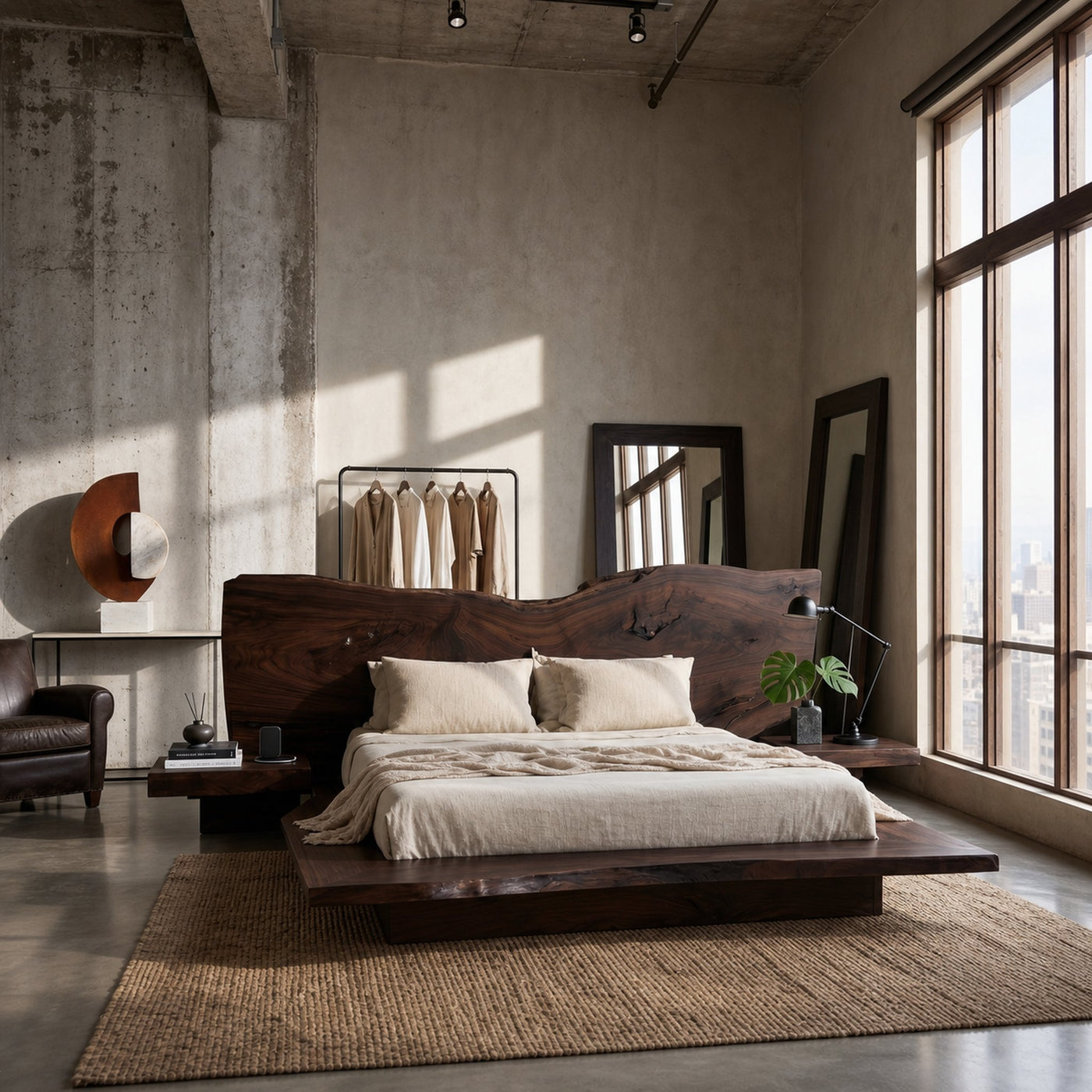 Rustic Live Edge Bed Frame With Sculptural Headboard For Bedroom - product view 7