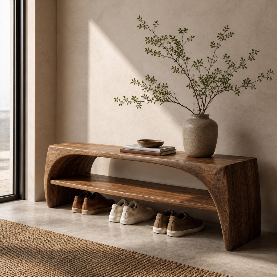 Rustic Live Edge Bench With Open Shoe Storage Shelf For Entryway
