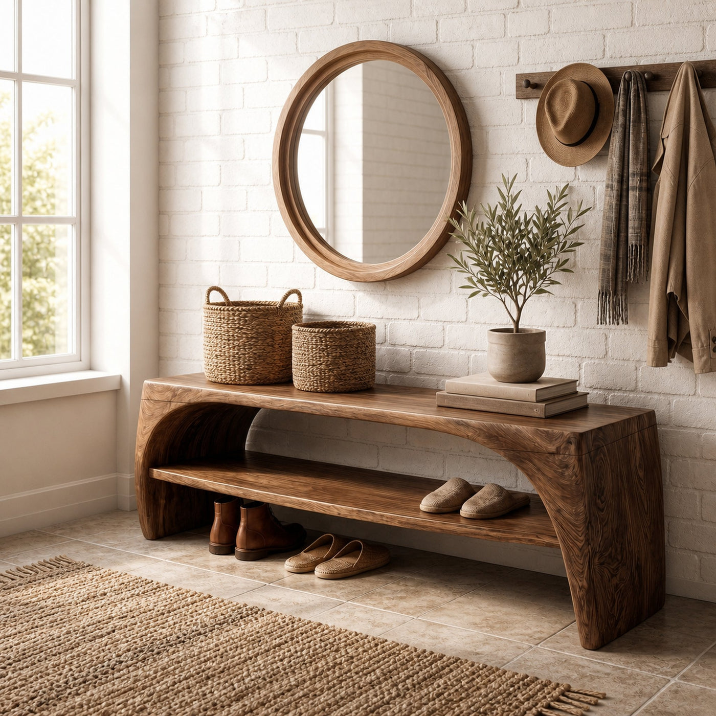 Rustic Live Edge Bench With Open Shoe Storage Shelf For Entryway - product view 7