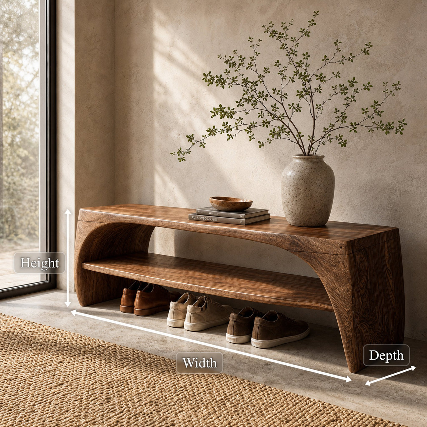 Rustic Live Edge Bench With Open Shoe Storage Shelf For Entryway - product view 8