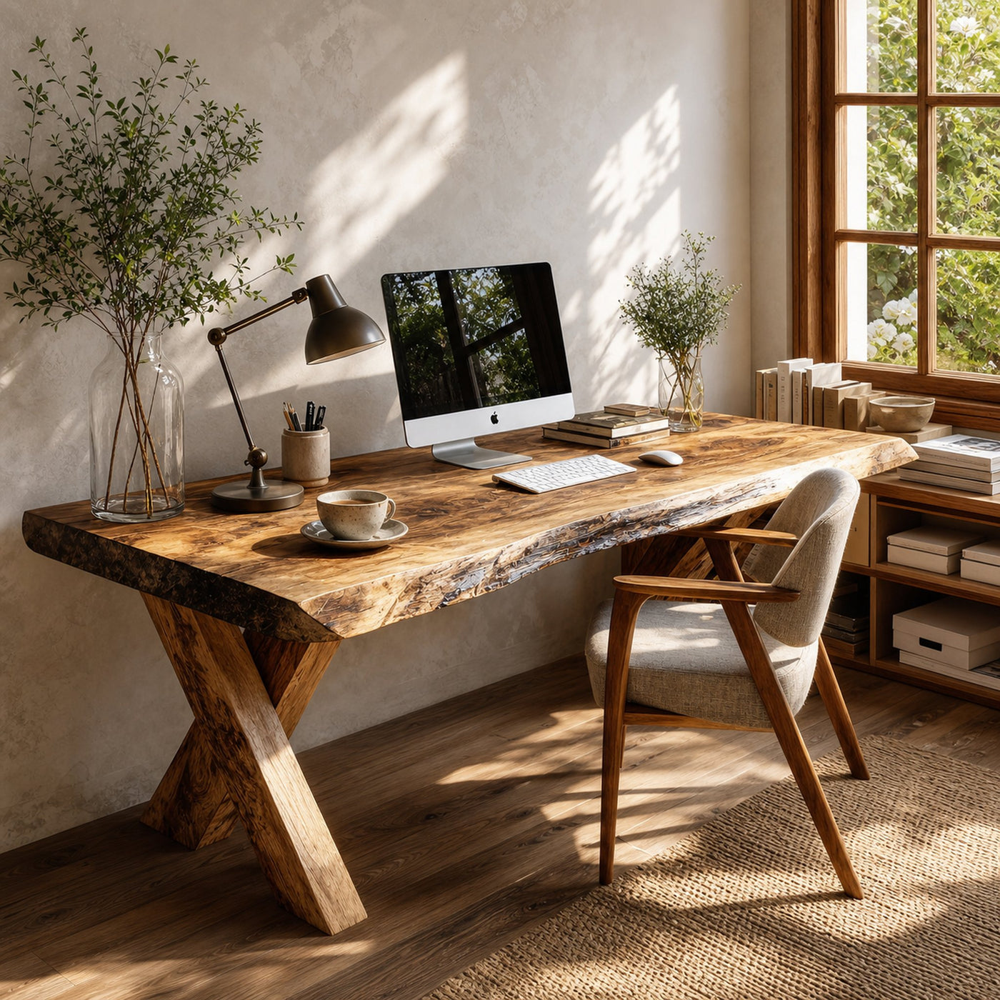 Rustic Live Edge Desk With X Legs For Home Office