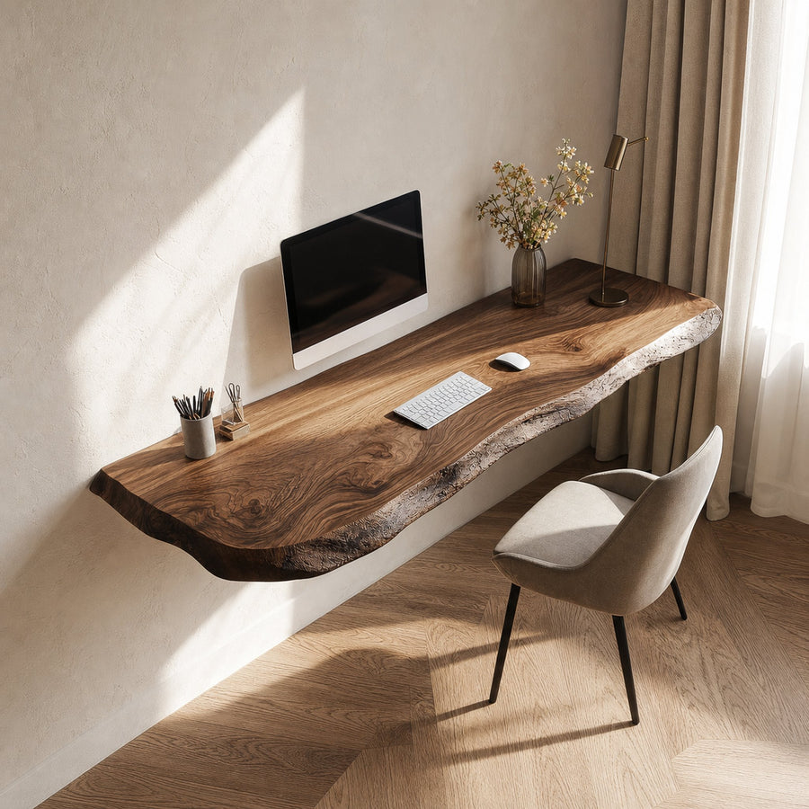 Rustic Live Edge Floating Desk Solid Wood Home Office Interior Wall Mounted