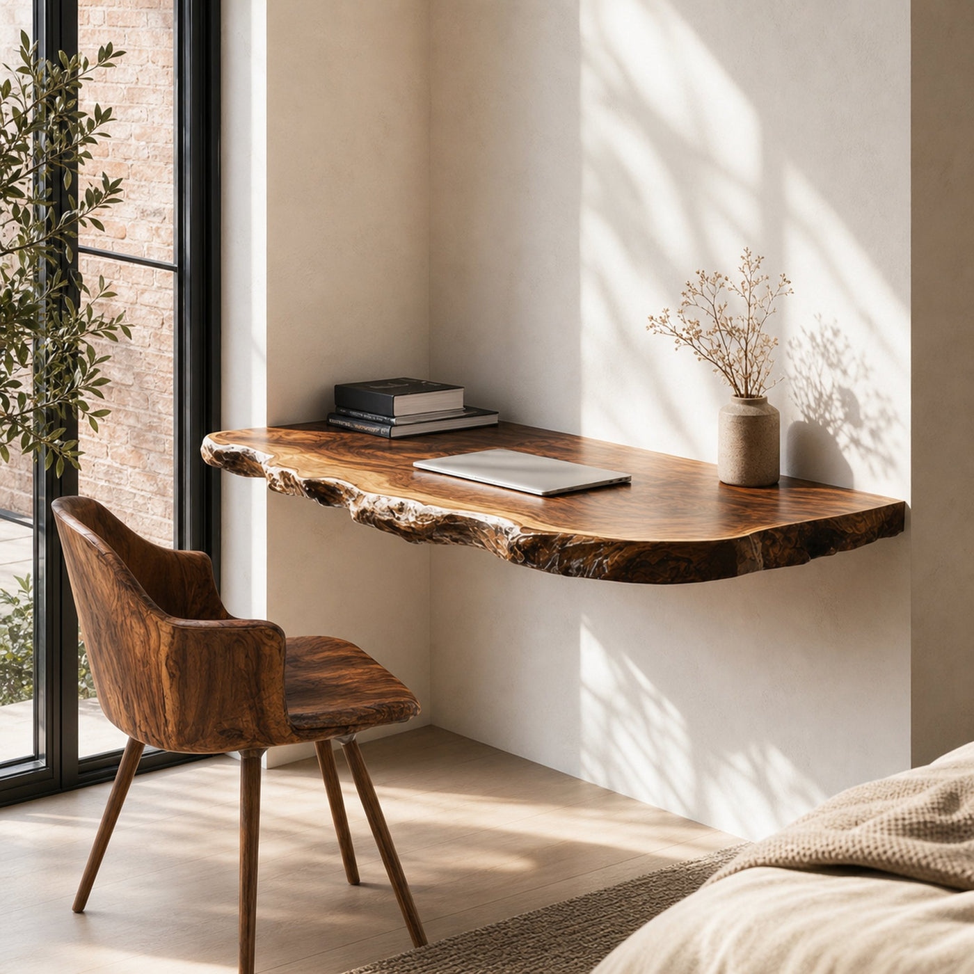Rustic Live Edge Floating Desk Solid Wood Wall Mounted Office