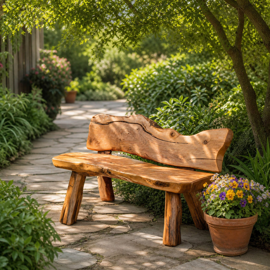 Rustic Live Edge Garden Bench For Patio Backyard And Forest Cabin