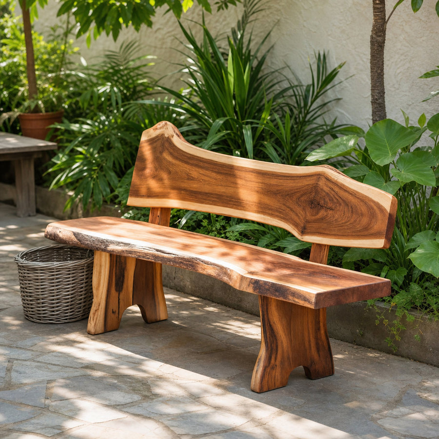 Rustic Live Edge Outdoor Bench With Curved Back For Patio Or Garden