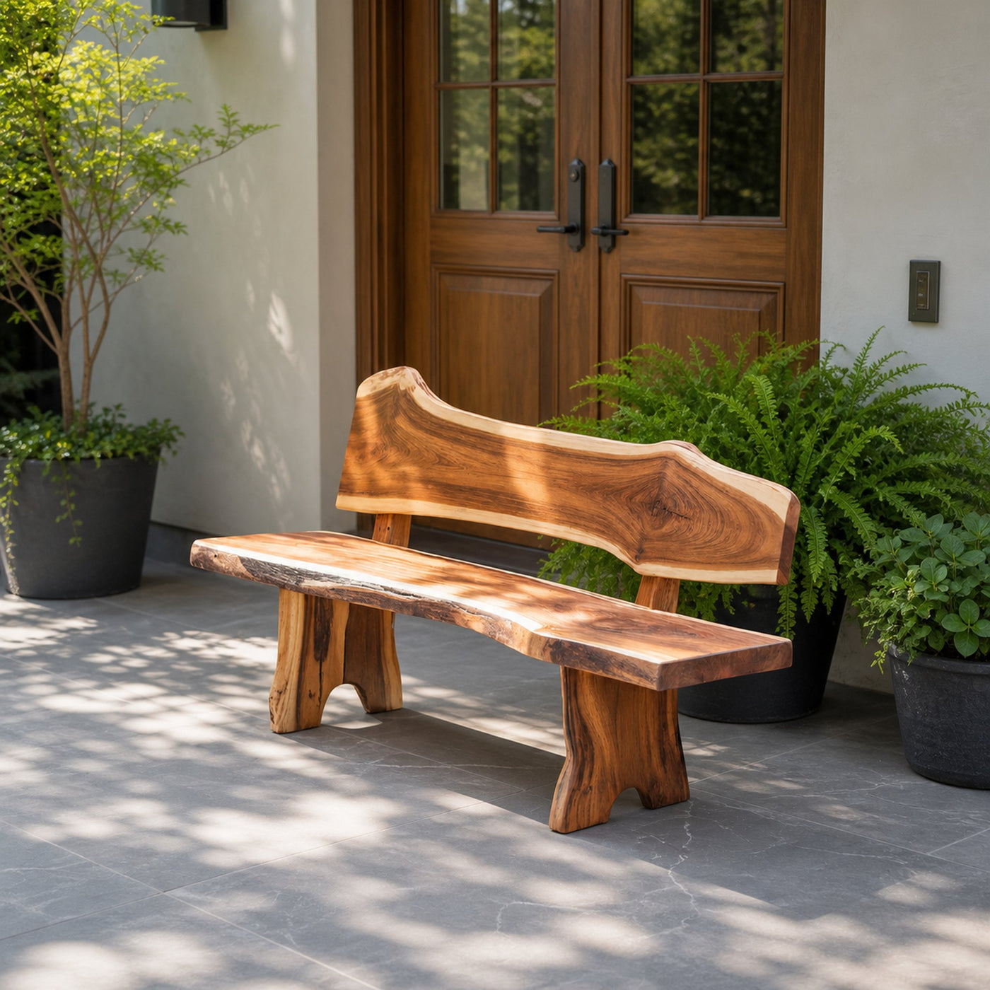 Rustic Live Edge Outdoor Bench With Curved Back For Patio Or Garden - product view 6