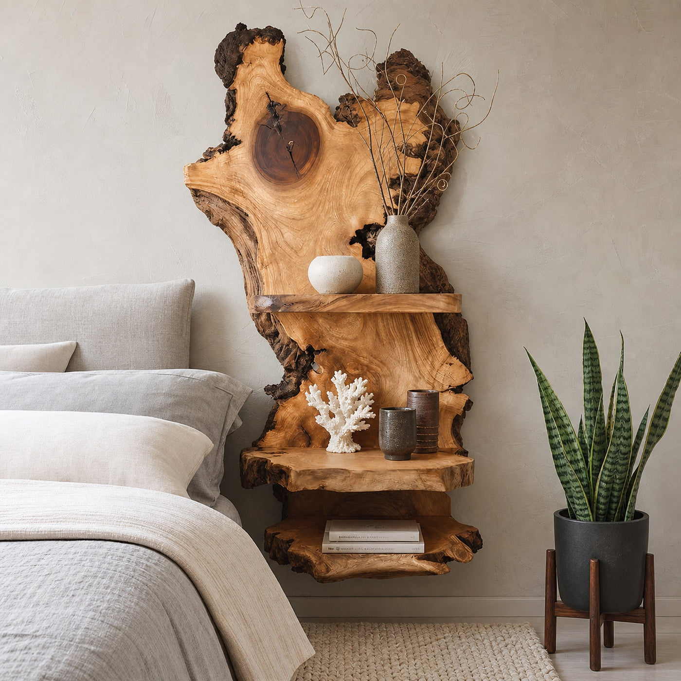 Rustic Live Edge Wood Shelf For Bedroom Decoration And Wooden Bookshelf Display