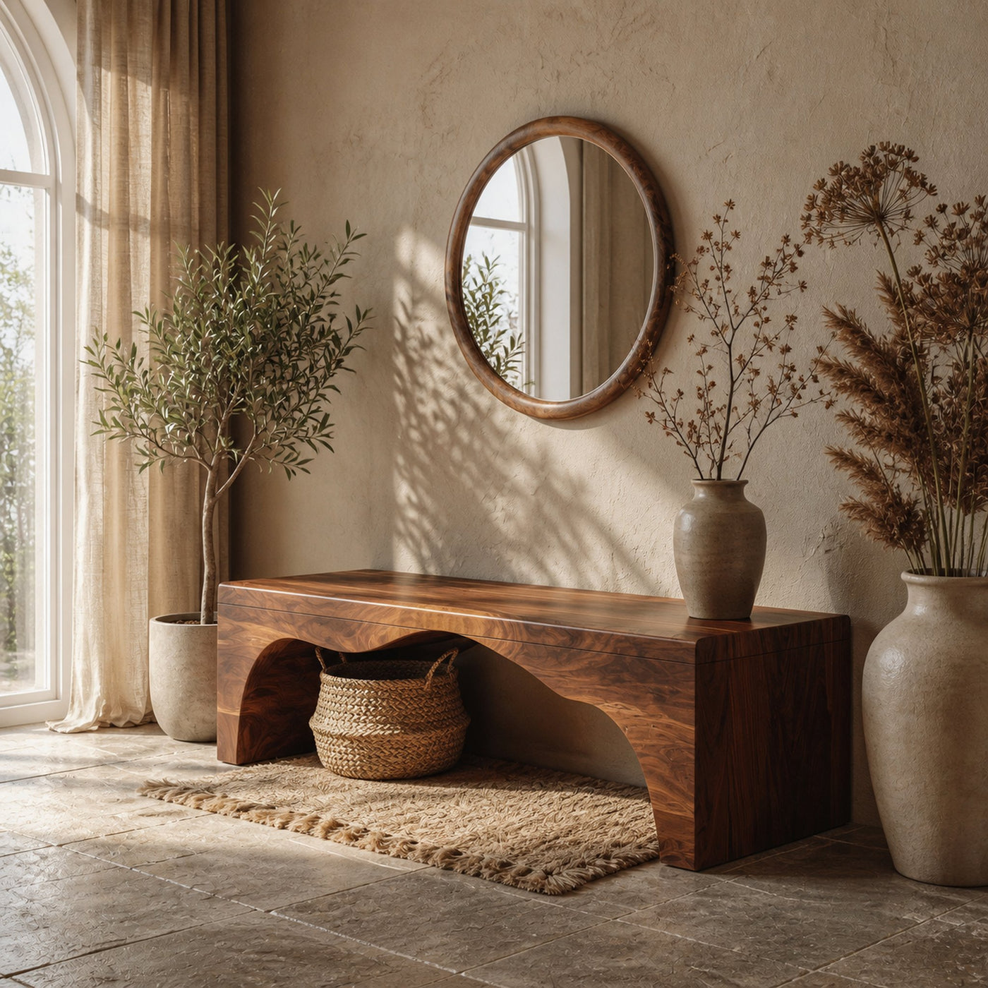 Rustic Live Edge Wooden Bench With Open Storage Shelf For Entryway