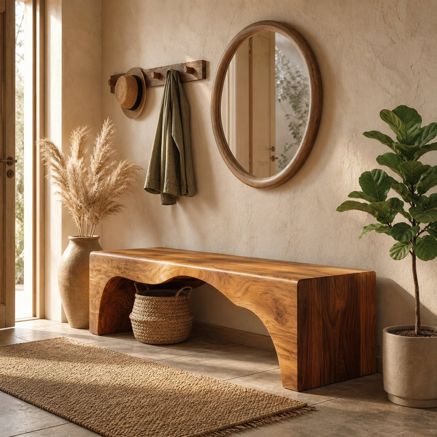 Rustic Live Edge Wooden Bench With Open Storage Shelf For Entryway - product view 6