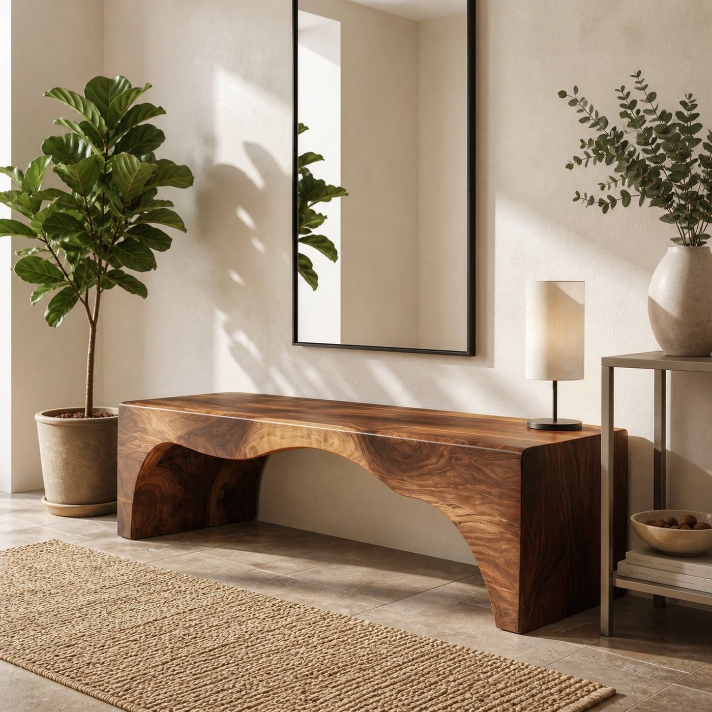 Rustic Live Edge Wooden Bench With Open Storage Shelf For Entryway - product view 7