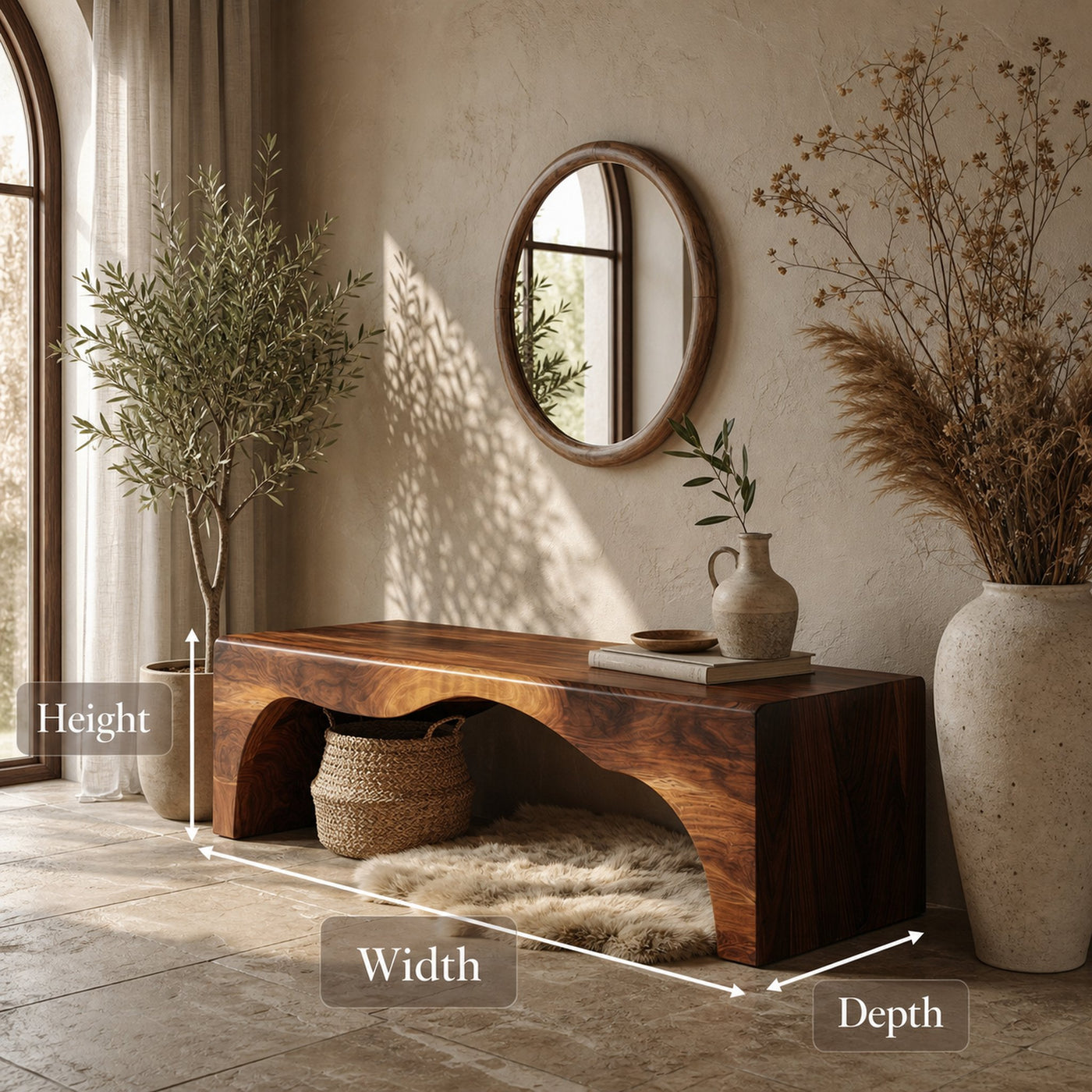 Rustic Live Edge Wooden Bench With Open Storage Shelf For Entryway - product view 8