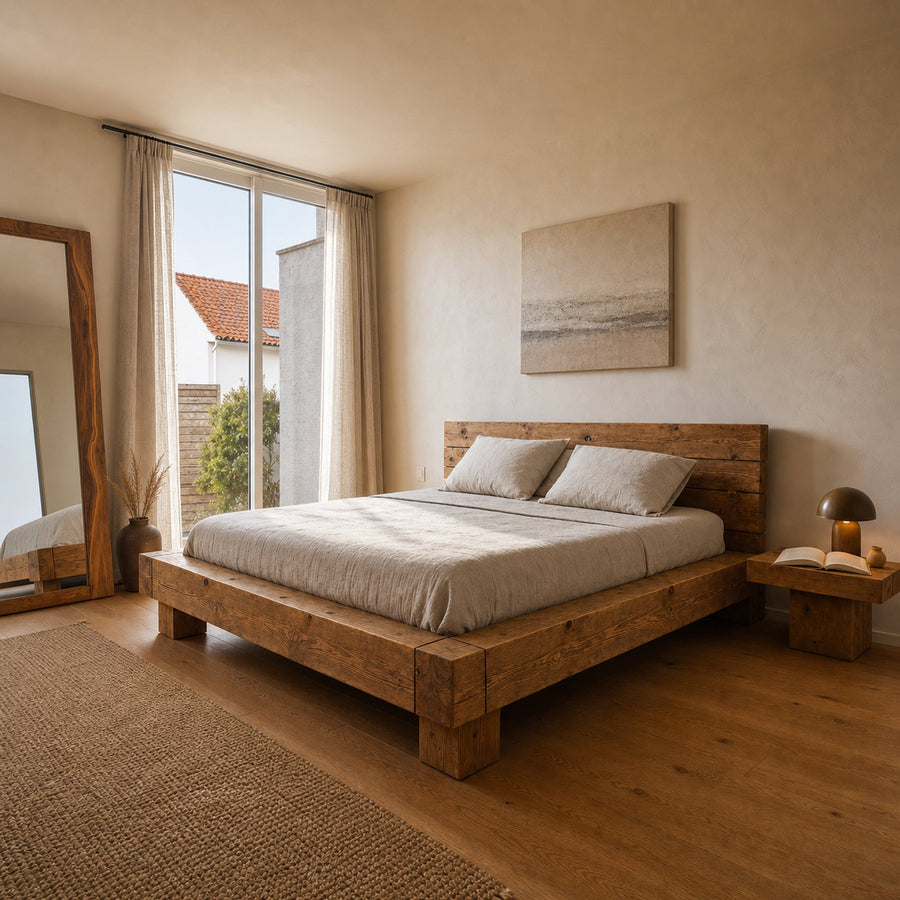 Rustic Low Profile Bed Frame For Cozy Minimalist Bedroom