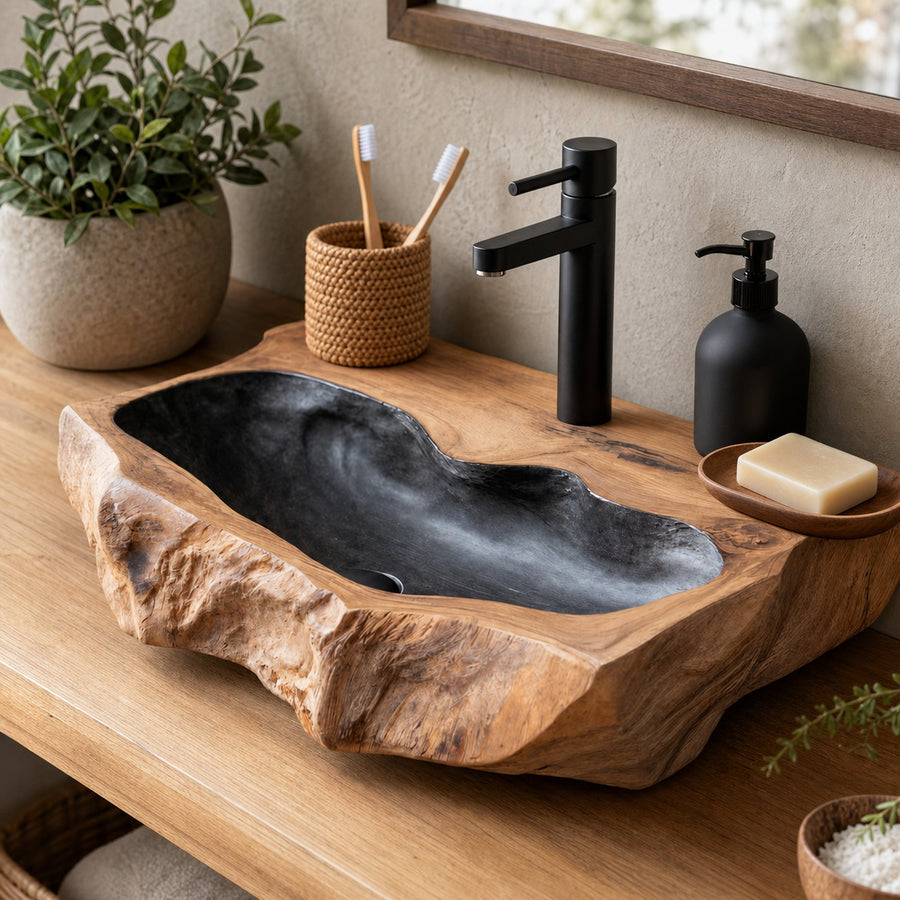 Rustic Mid Century Wood Wash Basin For Furniture Decor