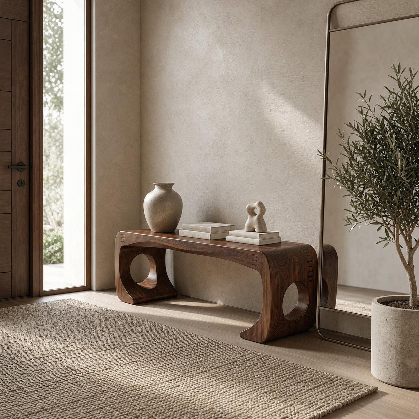 Rustic Modern Sculptural Bench For Entryway And Gallery Space - product view 7