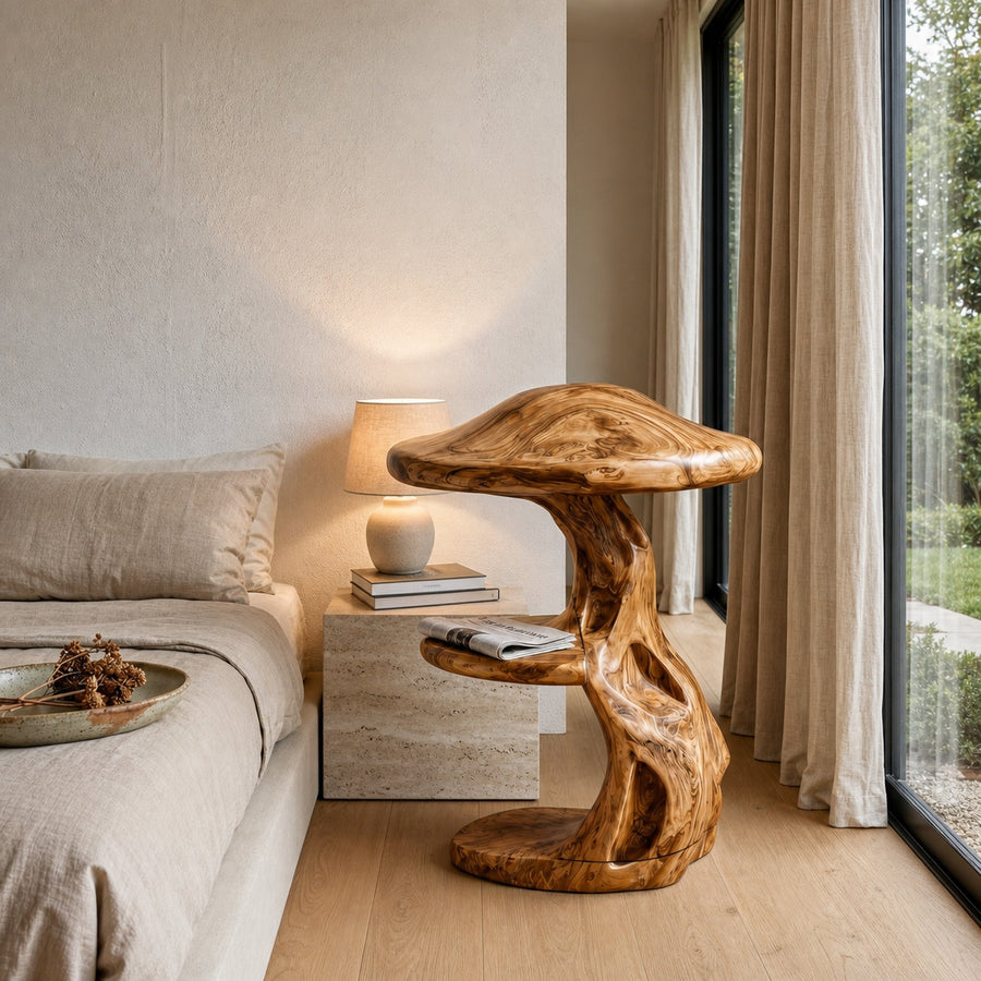 Rustic Mushroom Nightstand With Sculptural Tree Root Base And Built In Drawer For Bedroom