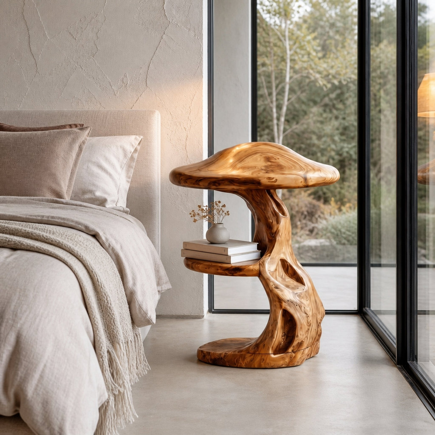 Rustic Mushroom Nightstand With Sculptural Tree Root Base And Built In Drawer For Bedroom - product view 6