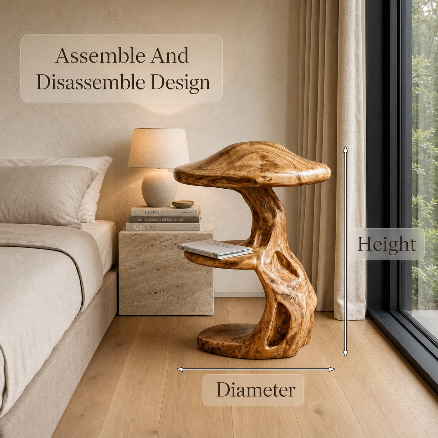 Rustic Mushroom Nightstand With Sculptural Tree Root Base And Built In Drawer For Bedroom - product view 8