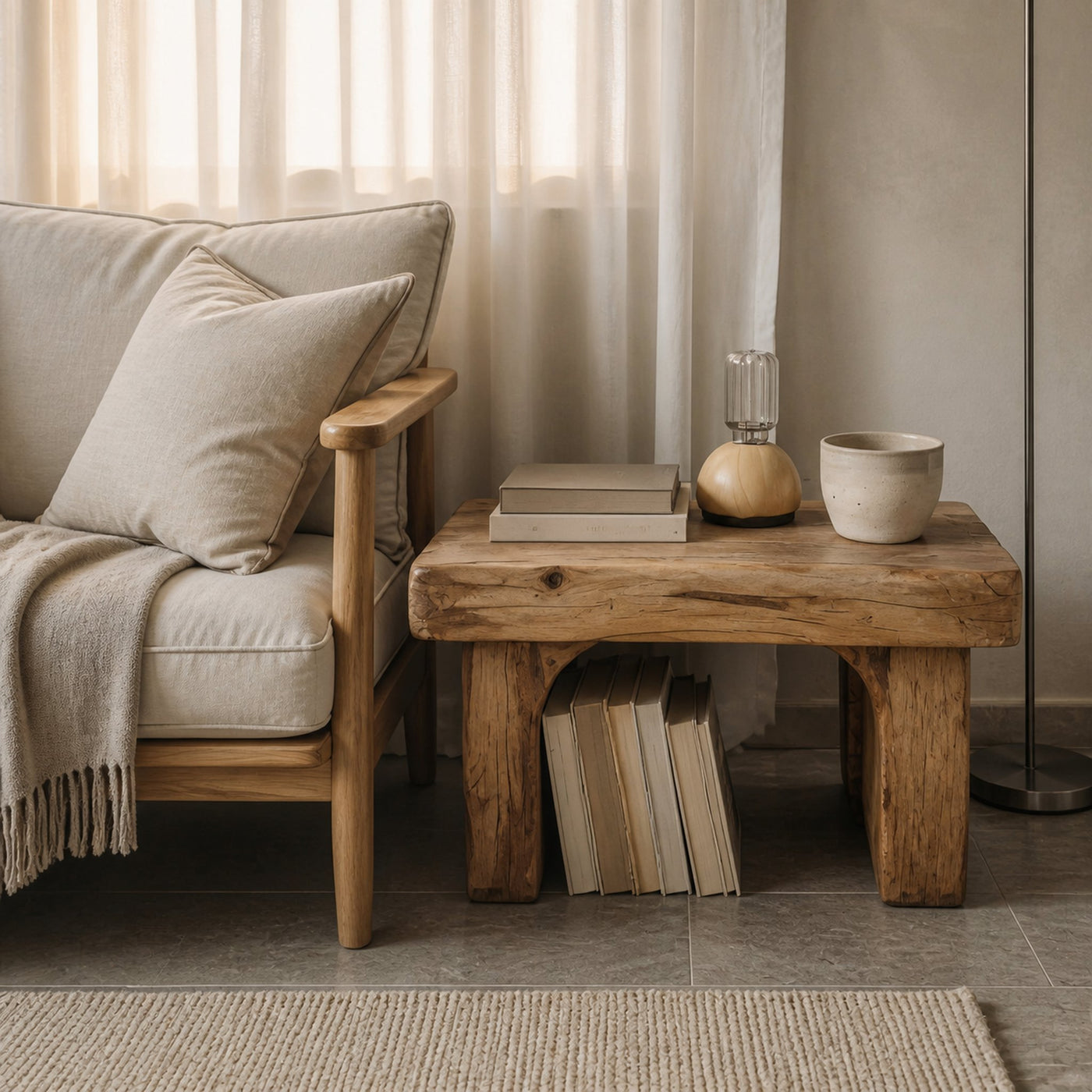 Rustic Nightstand Low Bedside Table With Shelf For Bedroom And Meditation